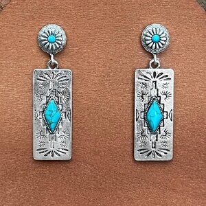 Aztec Pattern Bar Earrings with Turquoise